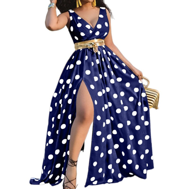 Blue Polka Dot Elegant V Neck Dress-Sexy Summer Swing Dress With Slit