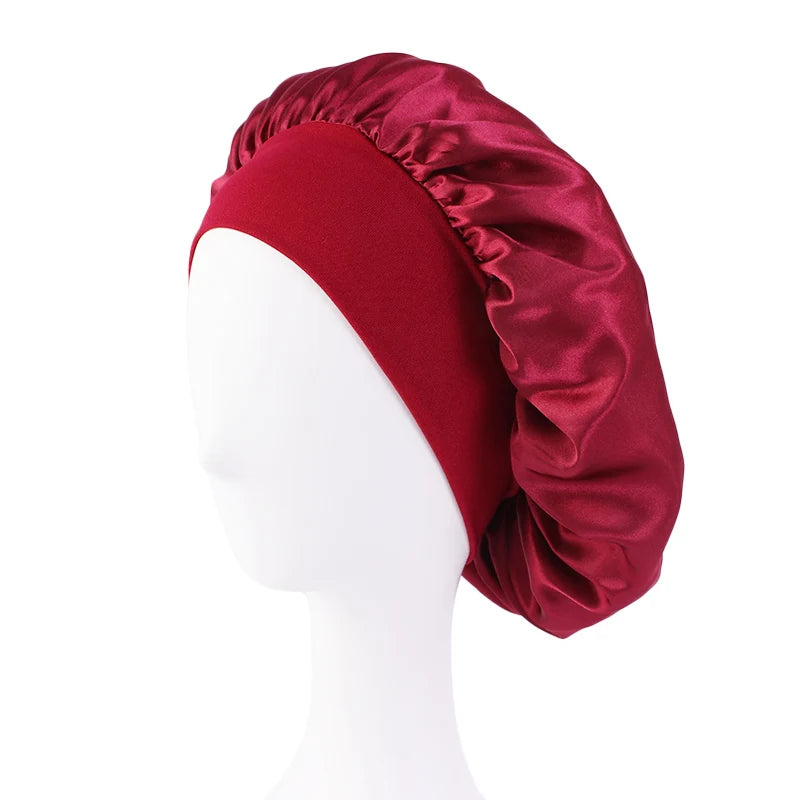 Women's Satin Solid Bonnets Wide-brimmed Night Sleeping Bathing Hat Unisex Head Wrap Elastic Band Cap Hair Care Bonnet